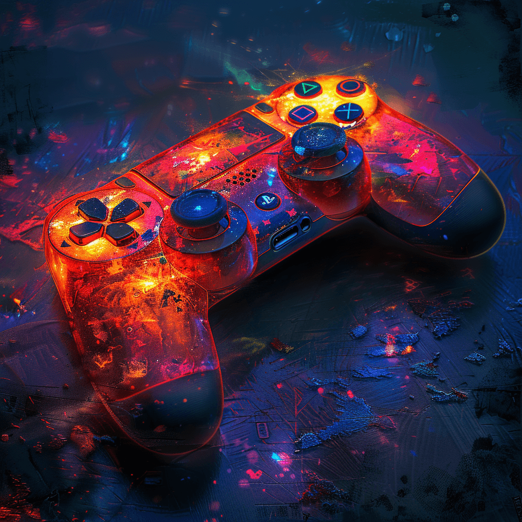 Vividly colored PlayStation controller with bright abstract lighting effects on a dark background.
